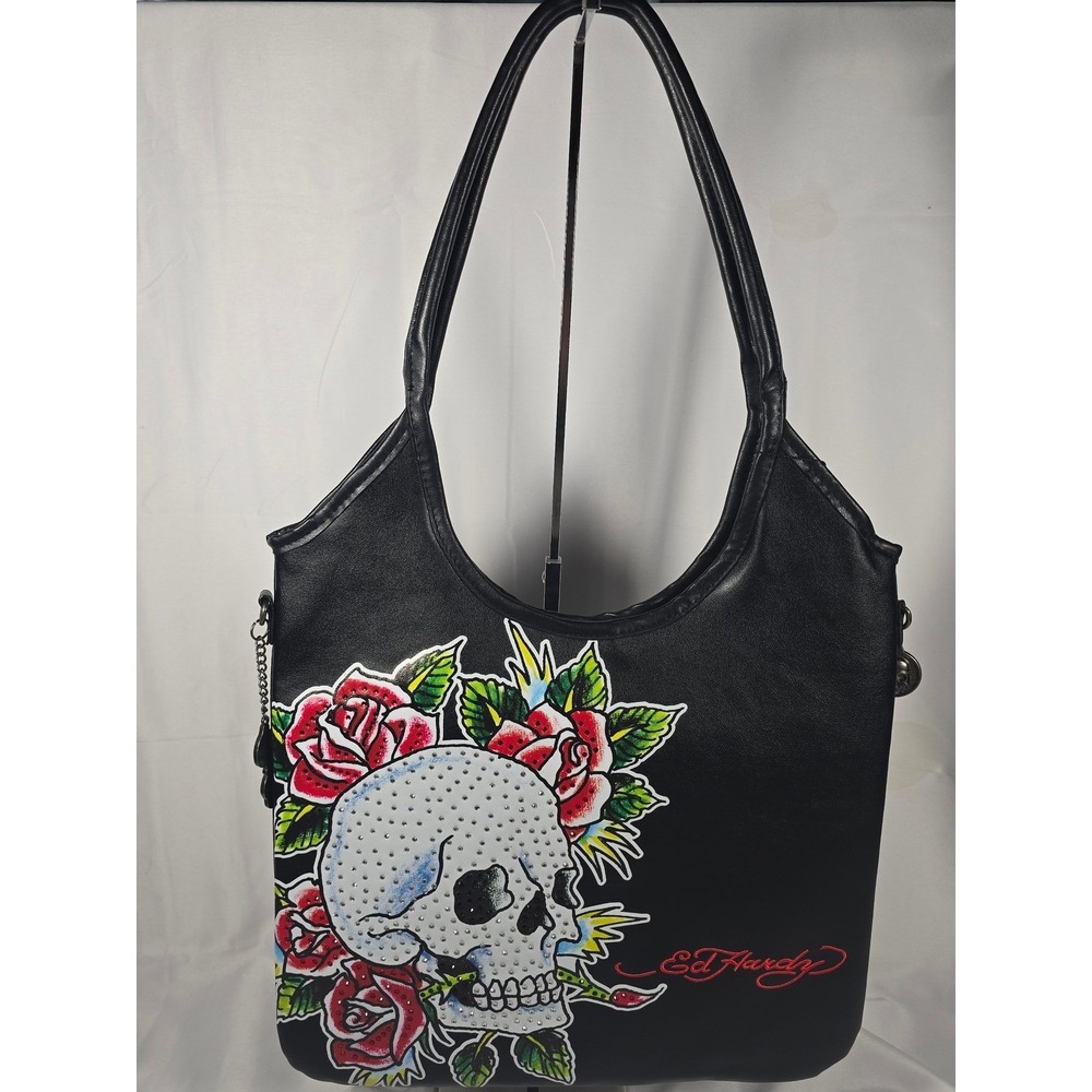 Ed Hardy bag Black Skull and‎ Roses Rhinestone Rocker Tattoo Art Shoulder nwt